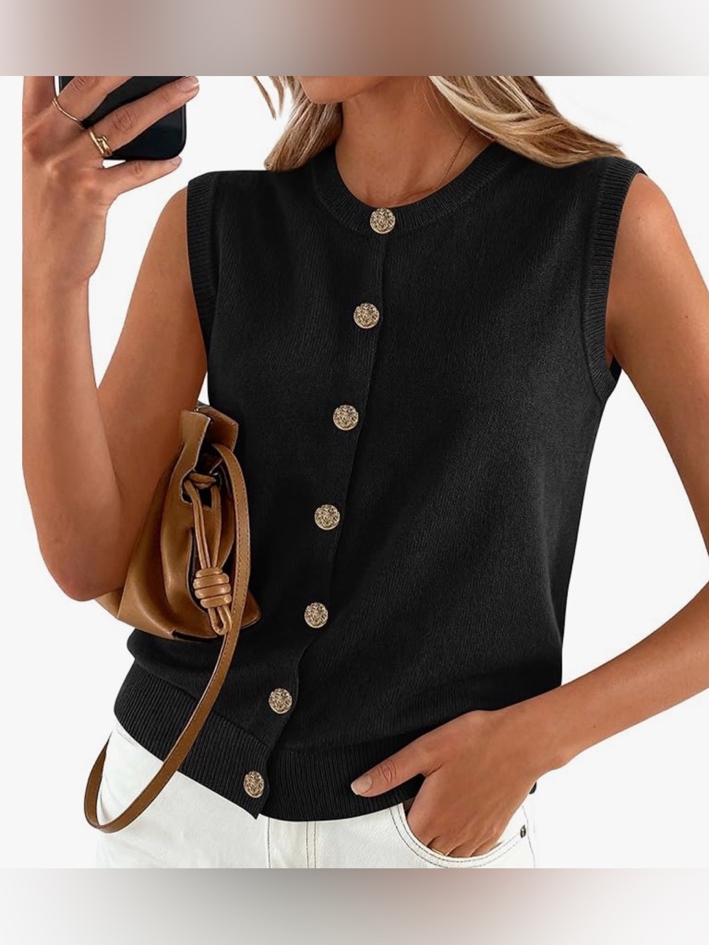 Sleeveless Knit Button-Front Top - Black